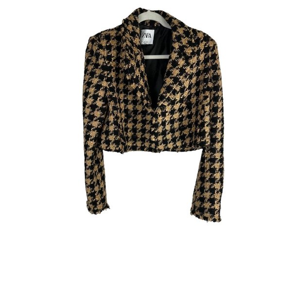 New ZARA Tweed Houndstooth Cropped Textured Blazer Jacket Women's Brown Size L - Picture 5 of 9